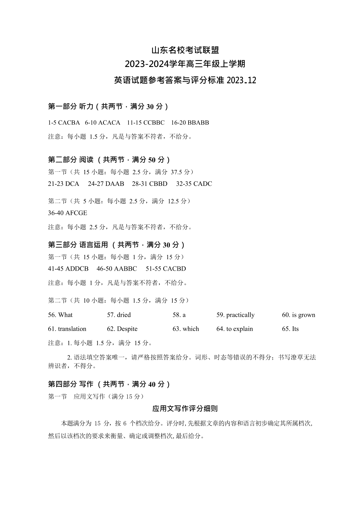 山东名校考试联盟2023年12月高三阶段性检测 英语答案