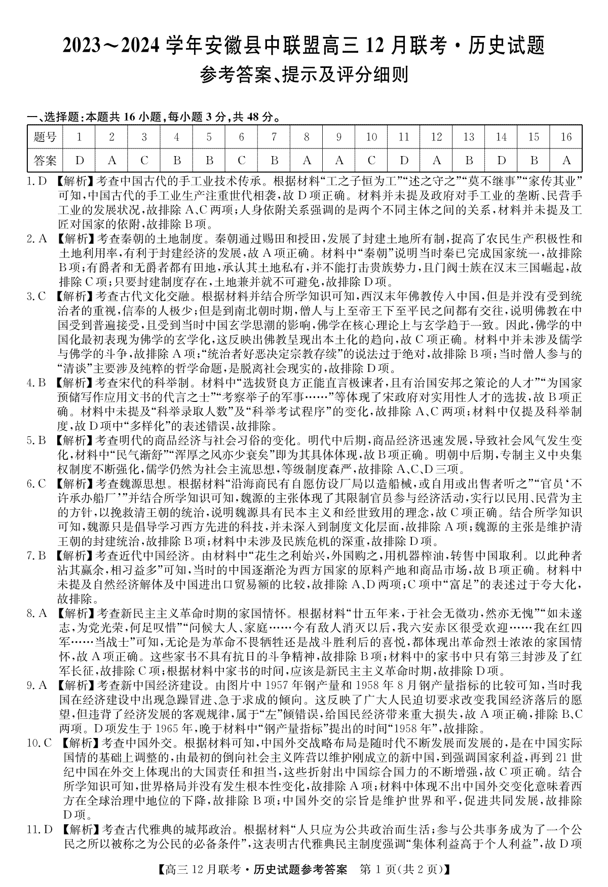 安徽2024届县中联盟高三12月-历史答案