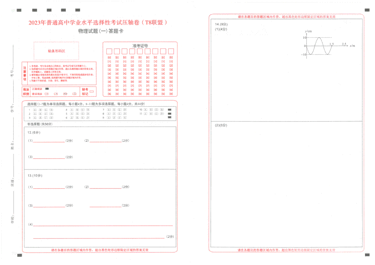 T8联盟2023年普通高中学业水平选择性考试压轴卷（华师一附中命题）物理答题卡