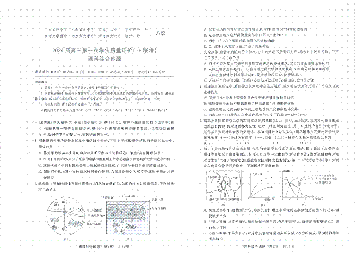 2024届八省八校高三第一次学业质量评价（T8联考老高考）理综（无答案）