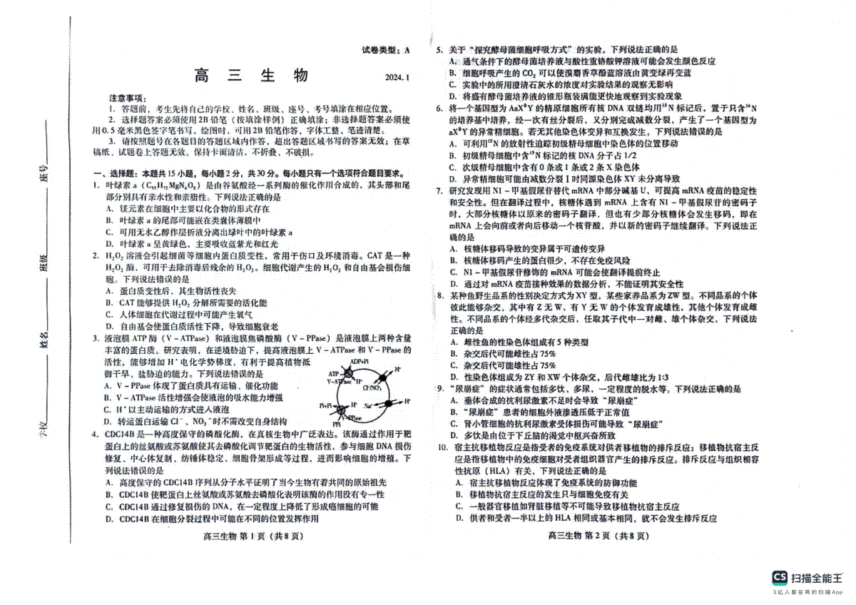 山东省潍坊市2023-2024学年高三上学期1月期末生物试题