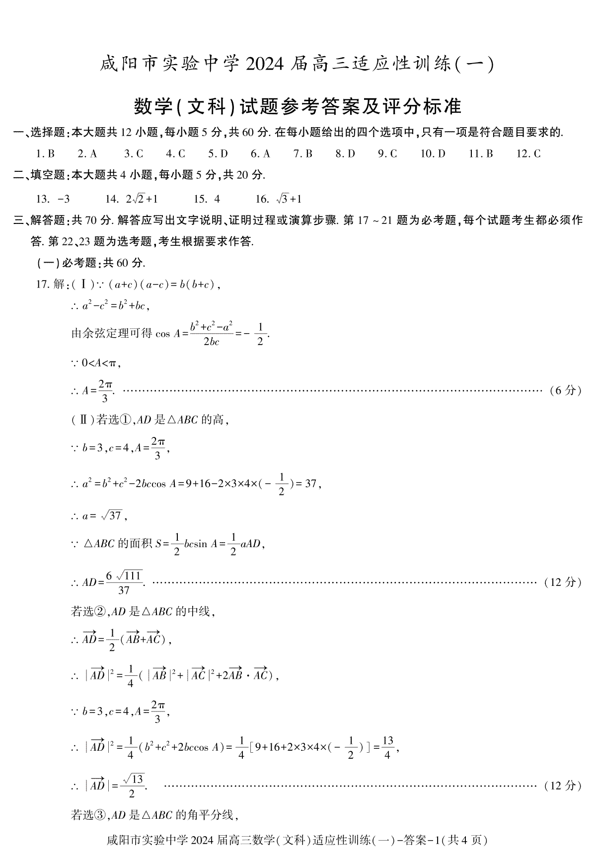 陕西省咸阳市实验中学2023-2024学年高三下学期适应训练（一）答案－高三数学（文科）