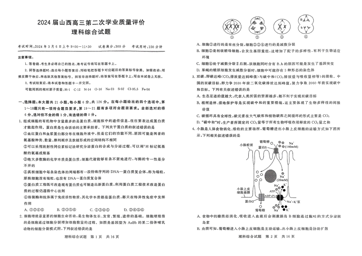 2024届山西高三第二次学业质量评价理科综合试题