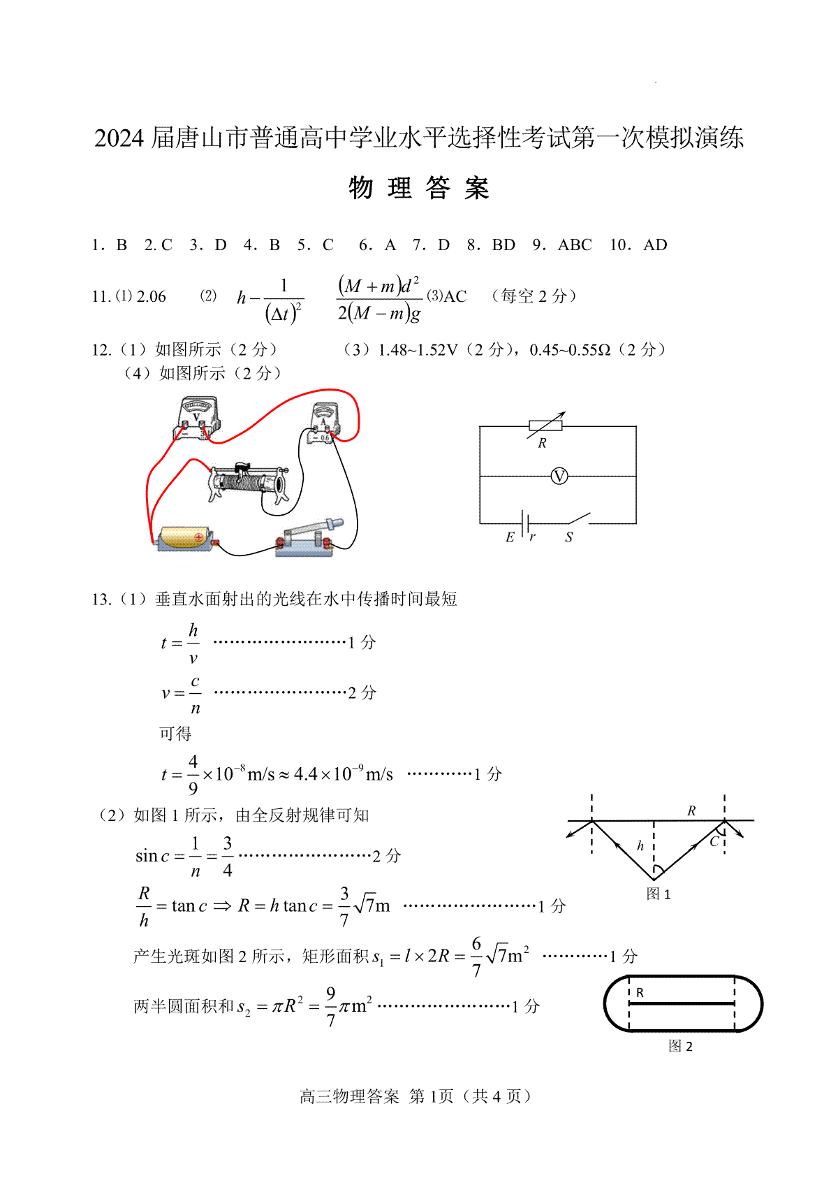 2024届河北省唐山市高三下学期一模物理答案