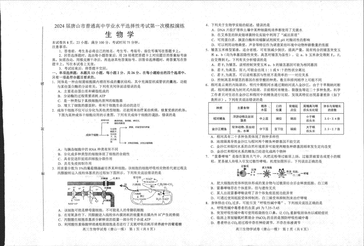 2024届河北省唐山市高三下学期一模生物