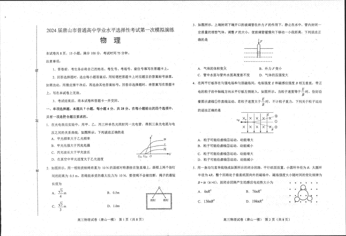 2024届河北省唐山市高三下学期一模物理