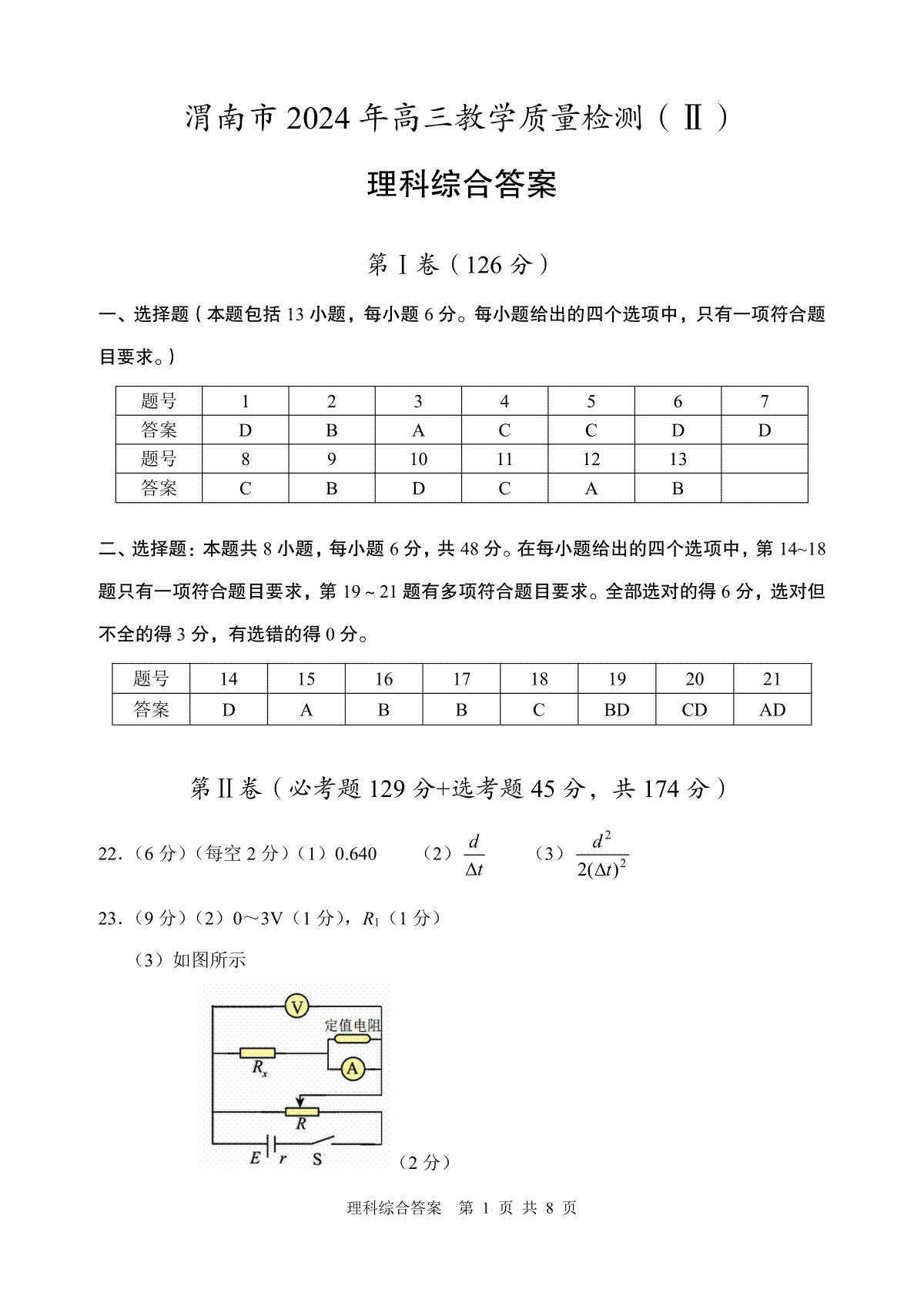 2024届陕西省渭南市高三二模理综答案